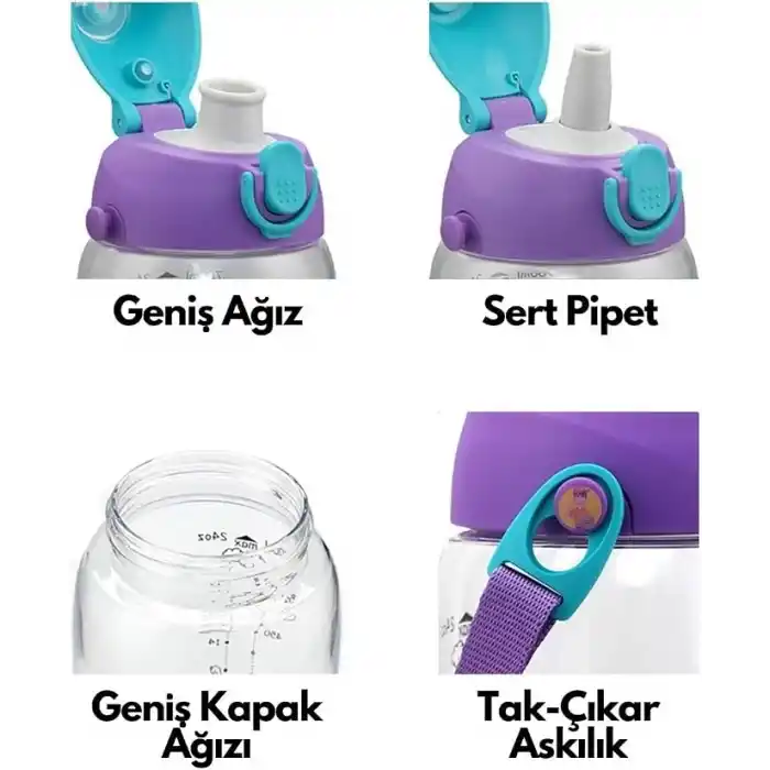 Uzspace Büyük Boy 700ml Kılıflı Askılı Pipetli/pipetsiz Iki Ayrı Kapaklı Tritan Çocuk Matarası (Studies Rabbit (Pudra Pembe-Yeşil))
