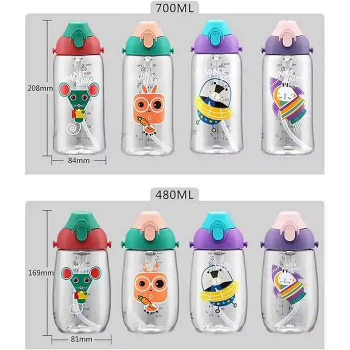 Uzspace Büyük Boy 700ml Kılıflı Askılı Pipetli/pipetsiz Iki Ayrı Kapaklı Tritan Çocuk Matarası (Studies Rabbit (Pudra Pembe-Yeşil))