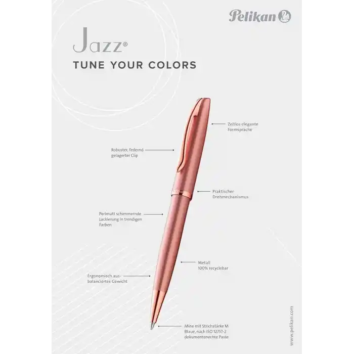 Pelikan Tükenmez kalem Jazz Noble, pembe (pembe), sağ elini kullananlar ve solaklar için, şık metal tükenmez kalem, katlanır kutuda, 821636