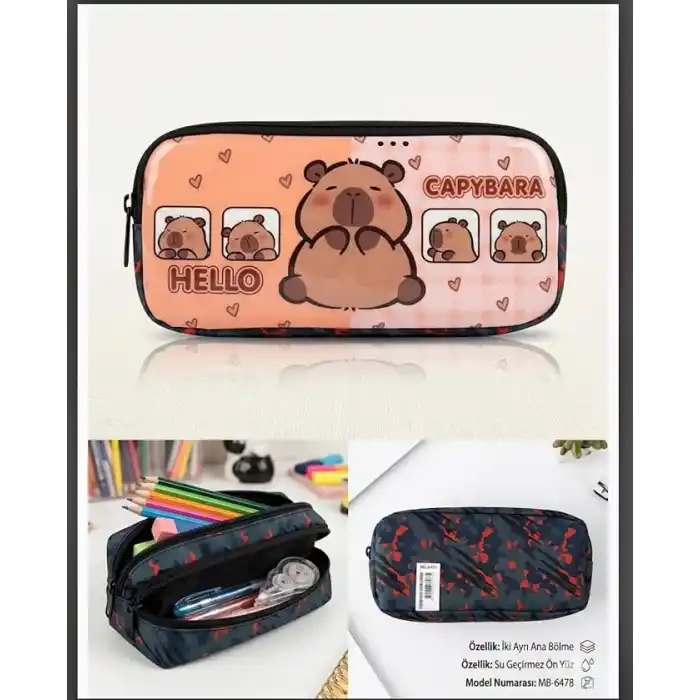 Capybara Kalem Kutusu Kapibara kalemlik büyük kapasiteli geniş boy 2 bölmeli (1 adet) Kawaii Kore Tarzı sevimli figür kalemlik,