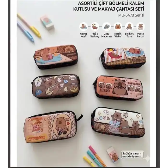 Capybara Kalem Kutusu Kapibara kalemlik büyük kapasiteli geniş boy 2 bölmeli (1 adet) Kawaii Kore Tarzı sevimli figür kalemlik,