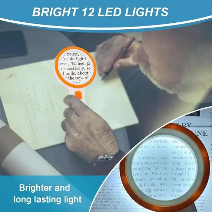 Nazano 12 LED Işıklı Büyüteç, 30X Çift Cam Lens Elde Taşınabilir Aydınlatmalı Büyüteç Okuma Büyüteç, Yaşlılar için Oku, Madeni Paralar, Pullar, Harita, Muayene, Makula Dejenerasyonu (Turuncu)