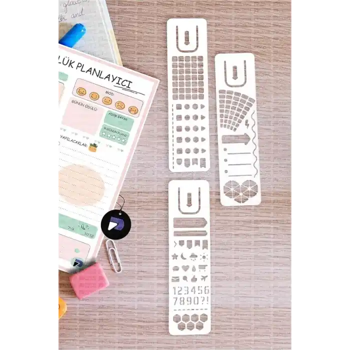 Postermanya Planner Bullet Journal Çizim Şablonu Seti, 3 Adet Günlük Ajanda Çizim Cetveli, Planlayıcı Stencil