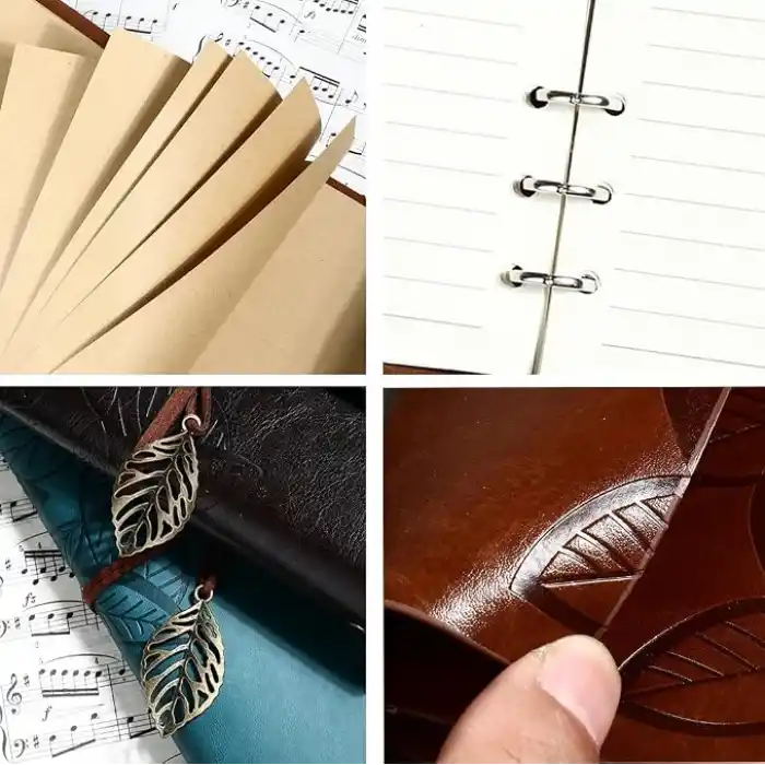 Coverzone Vintage Yaprak Motifli PU Deri Defter – 80 Sayfa Çizgisiz Günlük, 14.5x10.5 cm, Yaprak Şeklinde Metal Kapatmalı Retro Ajanda & Not Defteri, Seyahat Defteri, Travel Journal (Kahverengi)