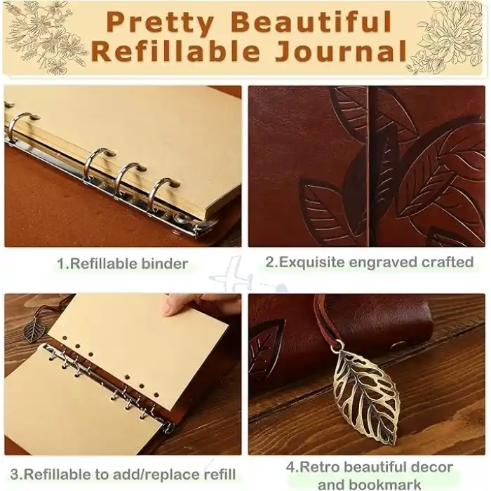 Coverzone Vintage Yaprak Motifli PU Deri Defter – 80 Sayfa Çizgisiz Günlük, 14.5x10.5 cm, Yaprak Şeklinde Metal Kapatmalı Retro Ajanda & Not Defteri, Seyahat Defteri, Travel Journal (Kahverengi)