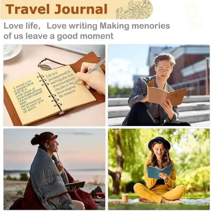 Coverzone Vintage Yaprak Motifli PU Deri Defter – 80 Sayfa Çizgisiz Günlük, 14.5x10.5 cm, Yaprak Şeklinde Metal Kapatmalı Retro Ajanda & Not Defteri, Seyahat Defteri, Travel Journal (Kahverengi)