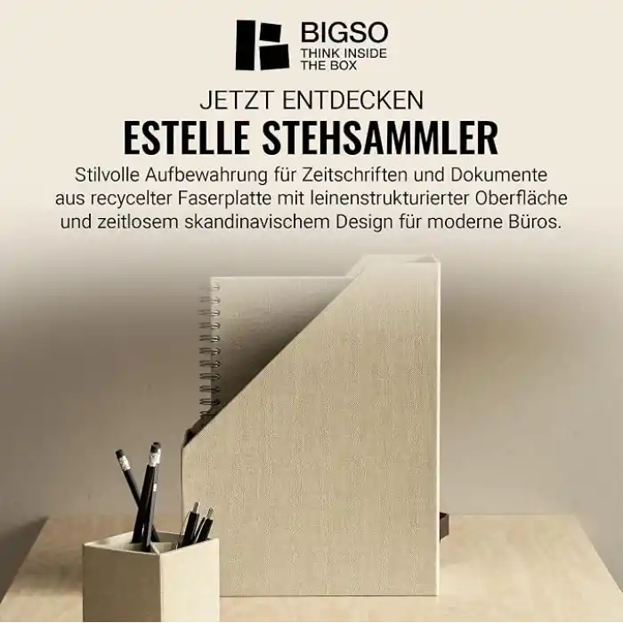 Bigso Box of Sweden ESTELLE dergiler, dergiler ve dosyalar için klasör – pratik düzenleyici fiber levha ve kağıt keten görünümlü – sağlam saplı dergi tutucu – bej