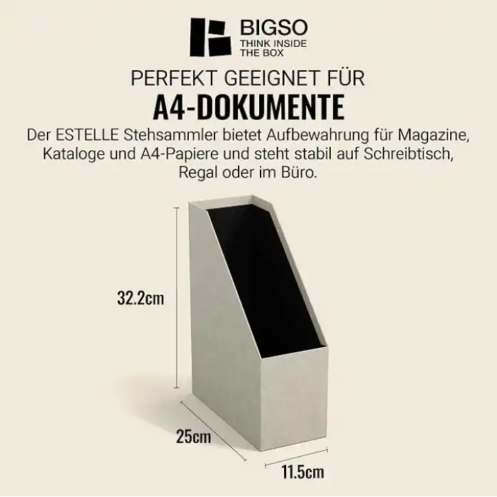 Bigso Box of Sweden ESTELLE dergiler, dergiler ve dosyalar için klasör – pratik düzenleyici fiber levha ve kağıt keten görünümlü – sağlam saplı dergi tutucu – bej