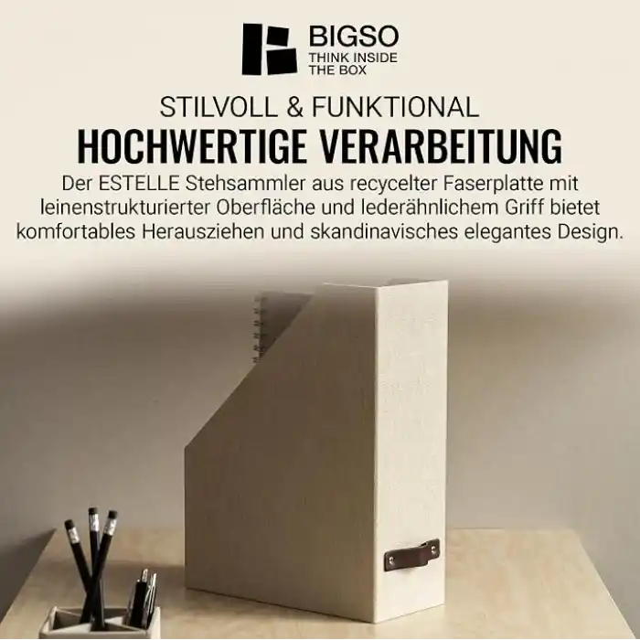 Bigso Box of Sweden ESTELLE dergiler, dergiler ve dosyalar için klasör – pratik düzenleyici fiber levha ve kağıt keten görünümlü – sağlam saplı dergi tutucu – bej