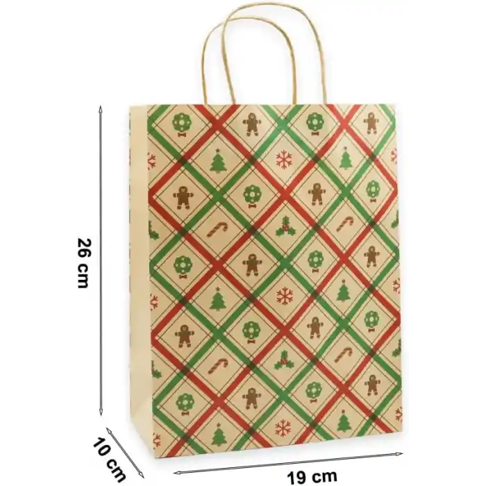 19x26 Premium Yılbaşı Hediye Çantası (4 Adet) – Dayanıklı Kraft Kağıt Çanta, Hediye Paketi İçin Uygun - M3