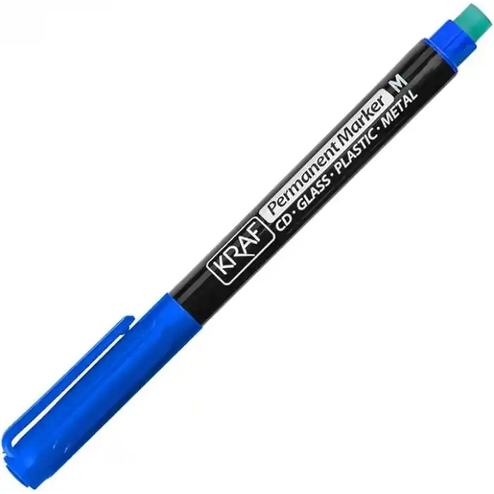 Kraf Permanent Marker, Mavi, Orta Uç (M), Silgili, CD/DVD/Cam/Plastik/Metal Yüzeyler İçin, 12li Paket