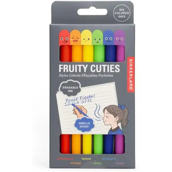 Kikkerland Fruitie Cuties Kokulu Silinebilir Jel Kalemler - Mermi Günlükleri ve Günlük Planlayıcılar için Sevimli Sabit Temel Malzemeler - 6lı Paket Meyve Kokusu