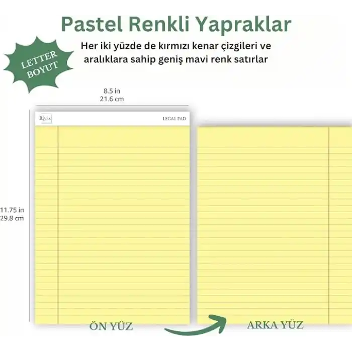 Letter Boyut (216 x 297mm), Sarı renkli Legal Pad, Notluk, Notepad, Defter, 50 Yaprak, Geniş Satır aralığı, okul, iş ve ofis için, Türk Malı
