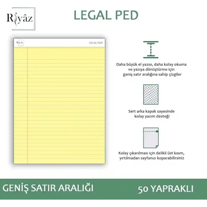Letter Boyut (216 x 297mm), Sarı renkli Legal Pad, Notluk, Notepad, Defter, 50 Yaprak, Geniş Satır aralığı, okul, iş ve ofis için, Türk Malı