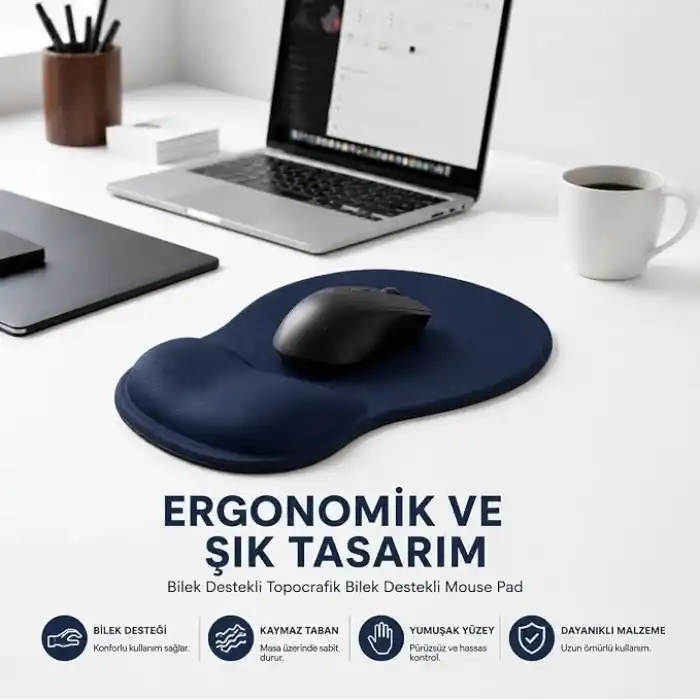 TopoWave Bilek Destekli Mouse Pad Ergonomik Kaymaz Taban Mouse Padi Bilek Koruyucu Dijital Lacivert