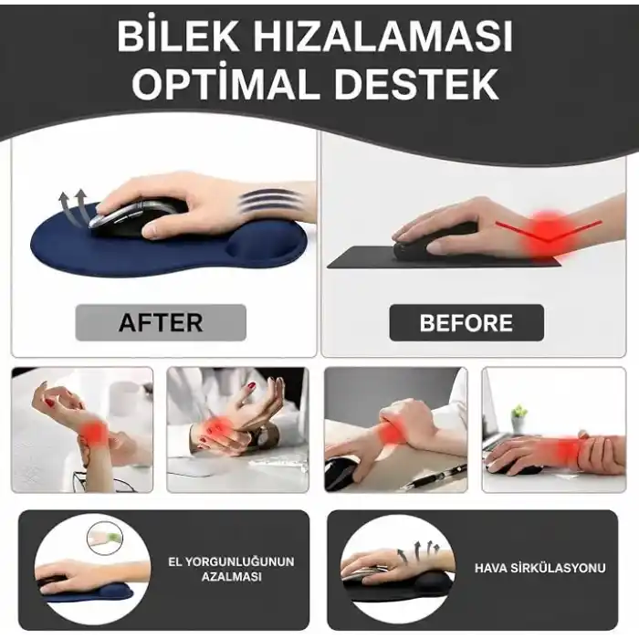 TopoWave Bilek Destekli Mouse Pad Ergonomik Kaymaz Taban Mouse Padi Bilek Koruyucu Dijital Lacivert