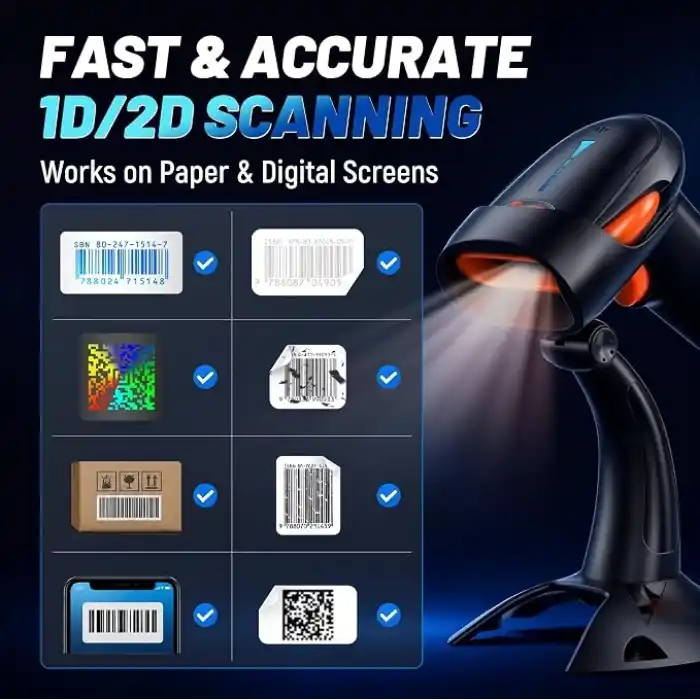 Tera HW0002 Kablosuz Barkod Okuyucu, 1D/2D/QR Kod Tarayıcı, Bluetooth/2.4G/USB 3’ü 1 Arada, Titreşim Uyarılı & Şarj Göstergeli, Stand Dahil
