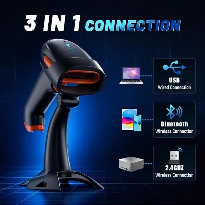 Tera HW0002 Kablosuz Barkod Okuyucu, 1D/2D/QR Kod Tarayıcı, Bluetooth/2.4G/USB 3’ü 1 Arada, Titreşim Uyarılı & Şarj Göstergeli, Stand Dahil
