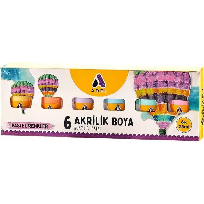 Adel Akrilik Boya Seti, 6’lı Pastel Renk, 25ml, Su Bazlı, Ahşap Metal Kağıt Yüzeyler İçin Uygun