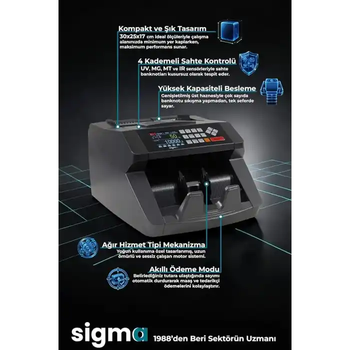 Sigma Sc7520 Sahte Kontrollü 2025 Model Tl Karışık Sayım Para Sayma Makinesi - Müşteri Ekranı Hediyeli