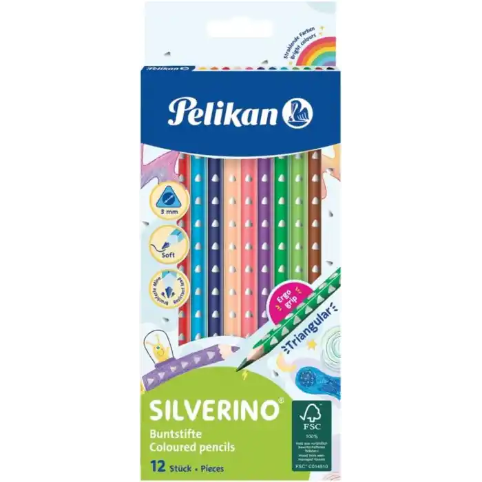 Pelikan 700634 Renkli Kalem Silverino, 12 Adet, Üçgen, İnce