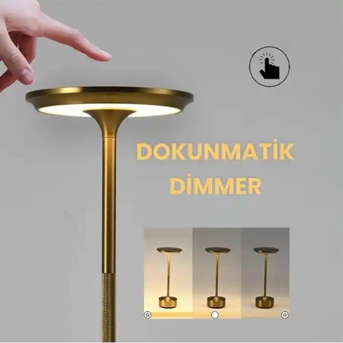 Toronto Şarjlı Metal Kasa Masa Lambası Dimmerli 3 Renk Işıklı Cata Dekoratif Abajur Dokunmatik Restoran Cafe Lambası Gold