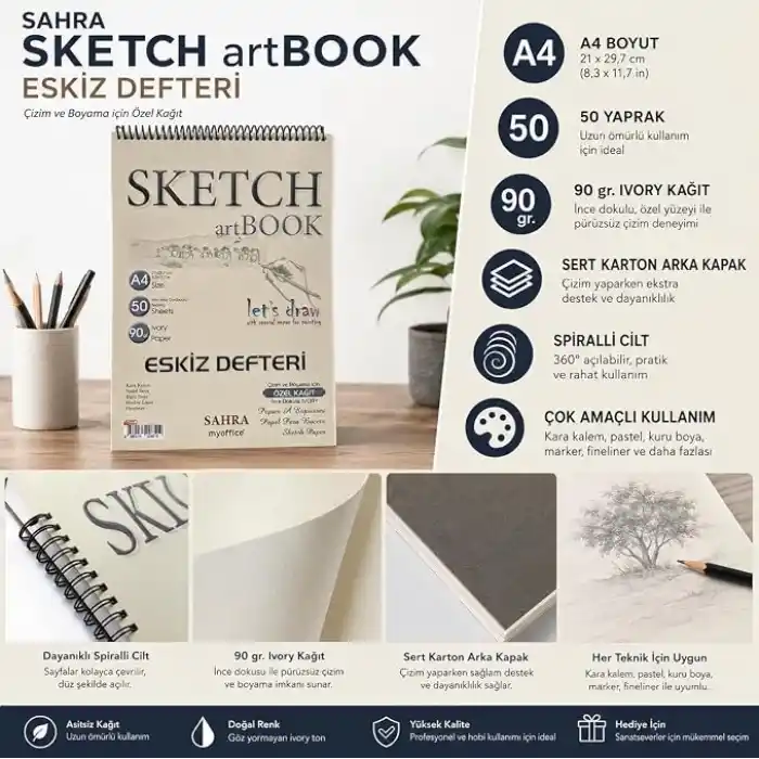 Sahra Sketch artBook Eskiz Defteri A4, 50 Yaprak, 90 gr Ivory
