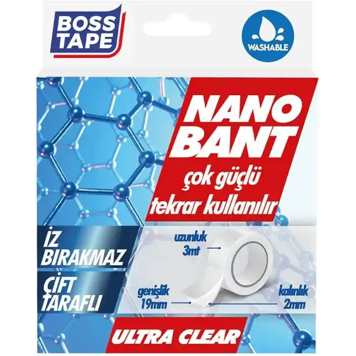 Boss Tape Tarafli Nano Bant, 19 mm x 3 mt Boyut, Seffaf Çift