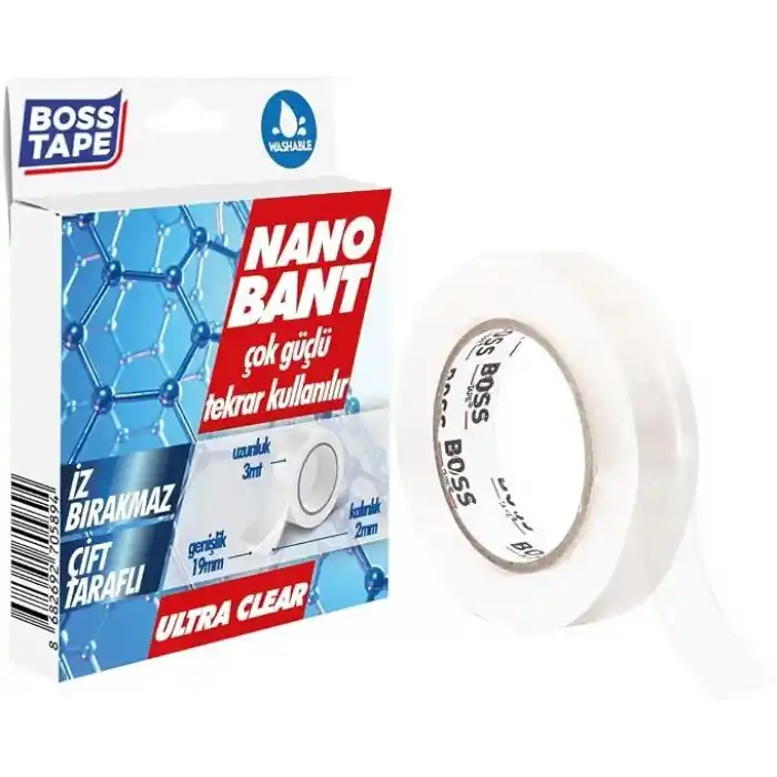 Boss Tape Tarafli Nano Bant, 19 mm x 3 mt Boyut, Seffaf Çift