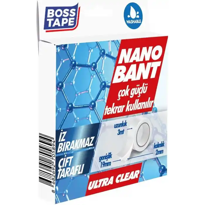 Boss Tape Tarafli Nano Bant, 19 mm x 3 mt Boyut, Seffaf Çift
