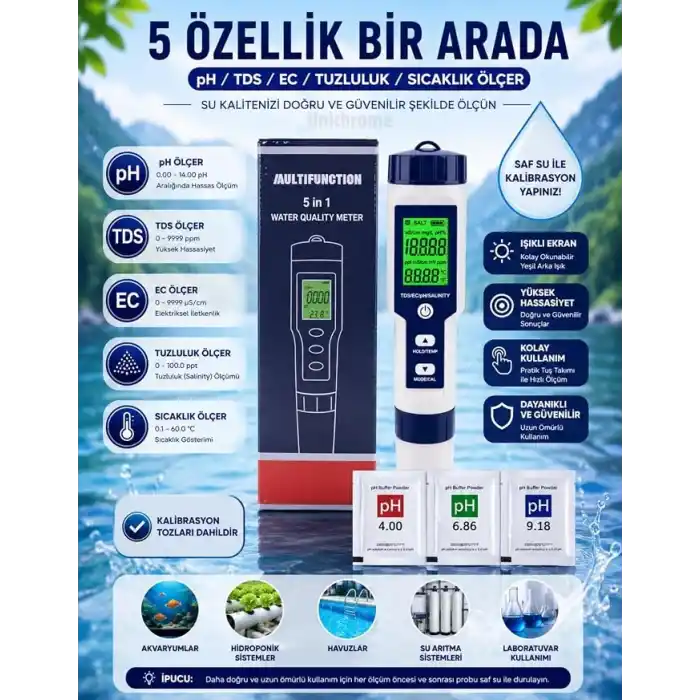 5in1 Dijital PH/TDS/EC/Tuzluluk/Sıcaklık Metre Işıklı Test Cihazı İletkenlik Kalem Model