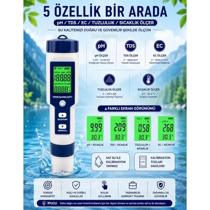 5in1 Dijital PH/TDS/EC/Tuzluluk/Sıcaklık Metre Işıklı Test Cihazı İletkenlik Kalem Model