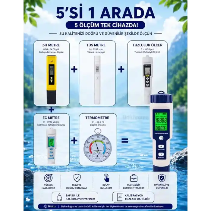 5in1 Dijital PH/TDS/EC/Tuzluluk/Sıcaklık Metre Işıklı Test Cihazı İletkenlik Kalem Model
