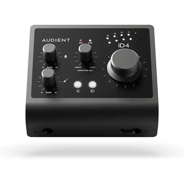 Audient Ses arabirimi iD4 MKII, Class A konsol mikrofon ön amplifikatör (yüksek hızlı USB-C, monitör karışımı ve monitör panning fonksiyonu, 2 kulaklık çıkışı, Mac/PC/iOS uyumlu), siyah, iD MKII