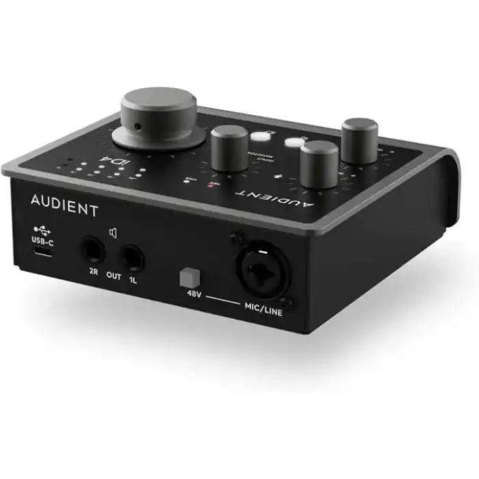 Audient Ses arabirimi iD4 MKII, Class A konsol mikrofon ön amplifikatör (yüksek hızlı USB-C, monitör karışımı ve monitör panning fonksiyonu, 2 kulaklık çıkışı, Mac/PC/iOS uyumlu), siyah, iD MKII