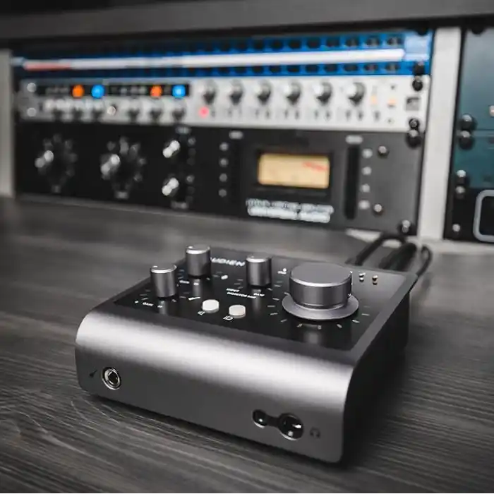 Audient Ses arabirimi iD4 MKII, Class A konsol mikrofon ön amplifikatör (yüksek hızlı USB-C, monitör karışımı ve monitör panning fonksiyonu, 2 kulaklık çıkışı, Mac/PC/iOS uyumlu), siyah, iD MKII