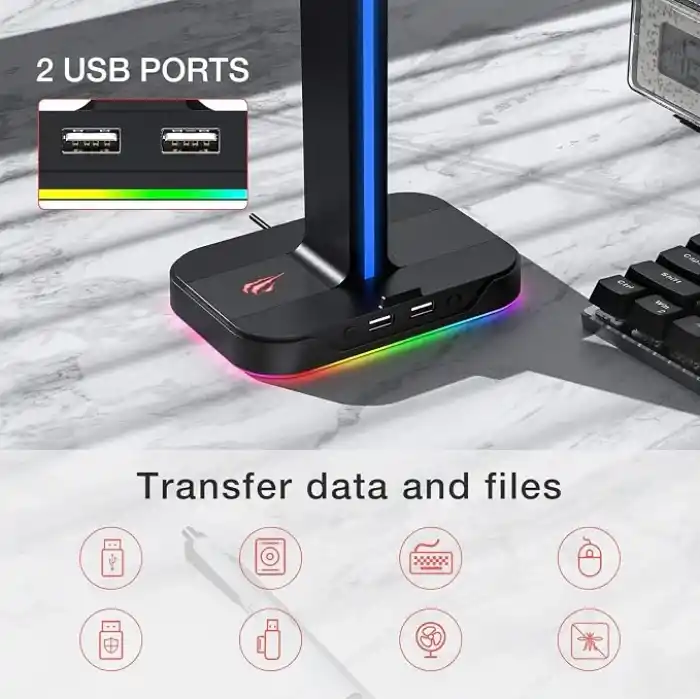 havit çift kulaklık askısı, 2 USB bağlantı noktası, RGB kulaklık tutucu, oyuncular için, PC için, siyah (TH650)