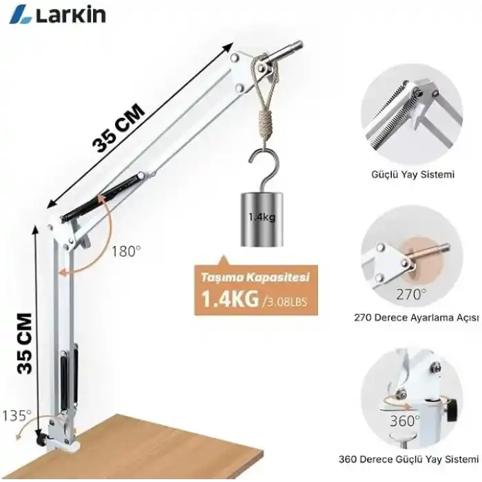 Larkin NB39 Profesyonel Masa Üstü Mikrofon Standı - Yayıncı Boom Kolu, 35x35cm Demir Taban, Podcast & Stüdyo Kayıt için Ayarlanabilir Mikrofon Sehpası (Beyaz)