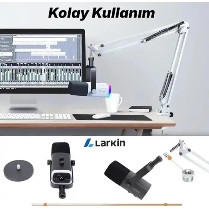 Larkin NB39 Profesyonel Masa Üstü Mikrofon Standı - Yayıncı Boom Kolu, 35x35cm Demir Taban, Podcast & Stüdyo Kayıt için Ayarlanabilir Mikrofon Sehpası (Beyaz)