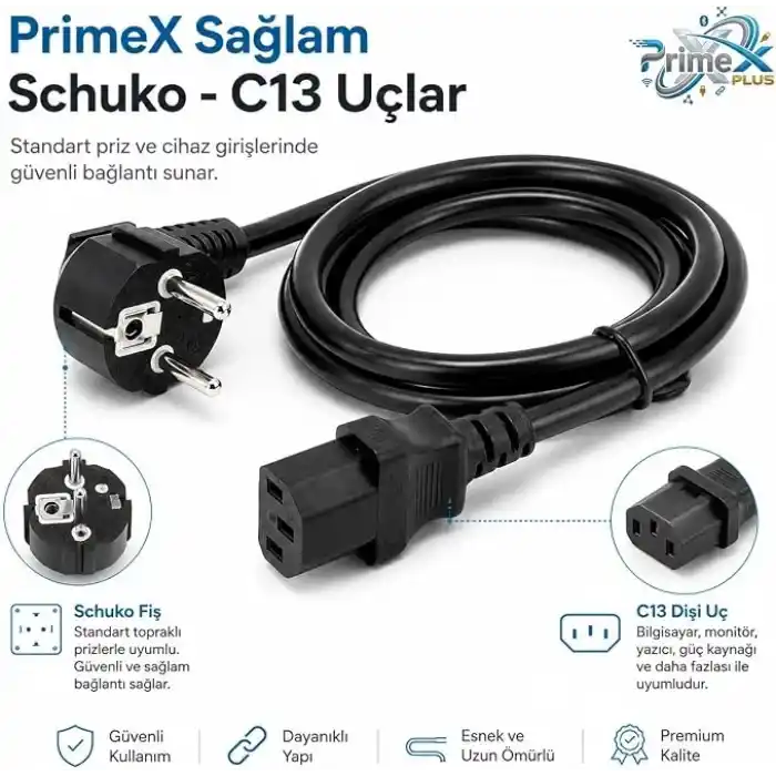 PrimeX PX-P450 5 Metre Lüks Power Kablosu, 3x1.5mm Kalın Full Bakır PSU Güç Kablosu, PC Power Supply Monitör Mining Sistemleri İçin Siyah Enerji Kablosu (5 Metre)