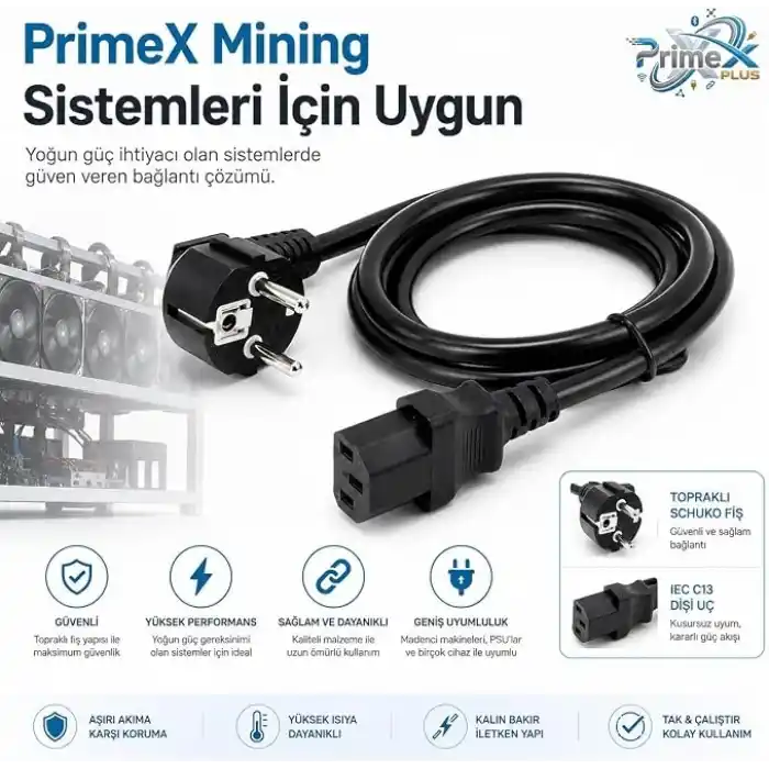 PrimeX PX-P450 5 Metre Lüks Power Kablosu, 3x1.5mm Kalın Full Bakır PSU Güç Kablosu, PC Power Supply Monitör Mining Sistemleri İçin Siyah Enerji Kablosu (5 Metre)