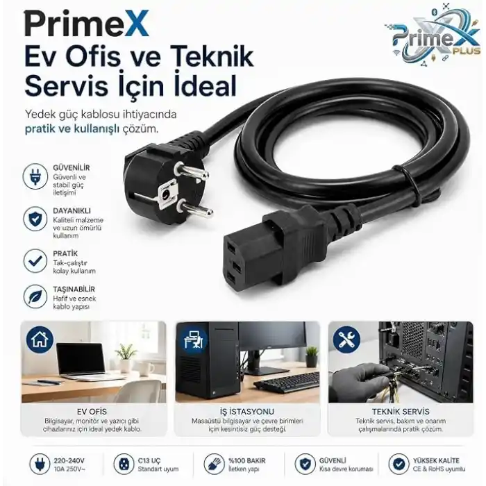 PrimeX PX-P450 5 Metre Lüks Power Kablosu, 3x1.5mm Kalın Full Bakır PSU Güç Kablosu, PC Power Supply Monitör Mining Sistemleri İçin Siyah Enerji Kablosu (5 Metre)