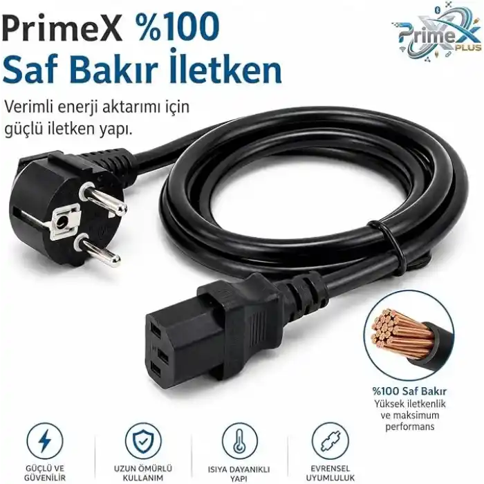 PrimeX PX-P450 5 Metre Lüks Power Kablosu, 3x1.5mm Kalın Full Bakır PSU Güç Kablosu, PC Power Supply Monitör Mining Sistemleri İçin Siyah Enerji Kablosu (5 Metre)