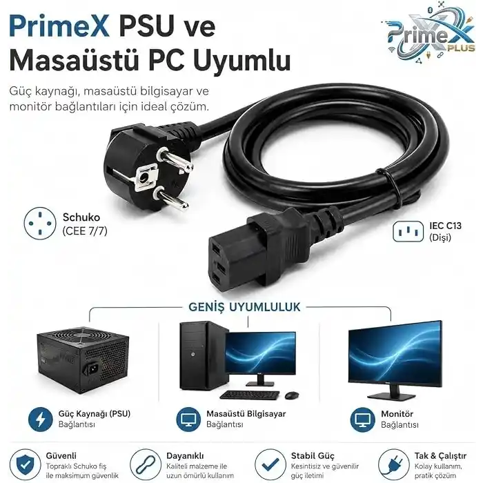 PrimeX PX-P450 5 Metre Lüks Power Kablosu, 3x1.5mm Kalın Full Bakır PSU Güç Kablosu, PC Power Supply Monitör Mining Sistemleri İçin Siyah Enerji Kablosu (5 Metre)