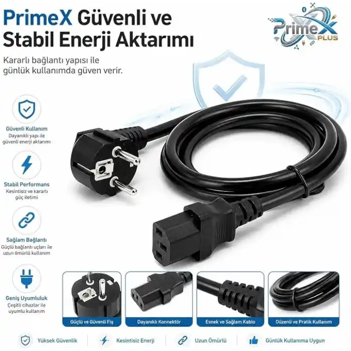 PrimeX PX-P450 5 Metre Lüks Power Kablosu, 3x1.5mm Kalın Full Bakır PSU Güç Kablosu, PC Power Supply Monitör Mining Sistemleri İçin Siyah Enerji Kablosu (5 Metre)