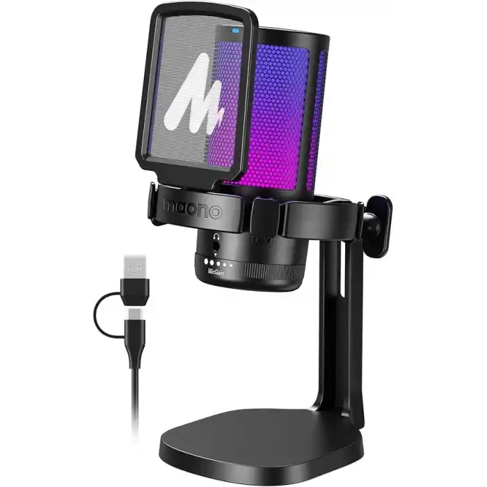 MAONO PC için USB Mikrofon, Sessiz Düğmeli RGB Oyun Mikrofonu, Gürültü Önleyici Kondenser Mikrofon, Akış, Podcast, Kayıt, Sohbet için Kazanç Topuzlu PS5/PS4/Mac, DGM20 ile Uyumlu