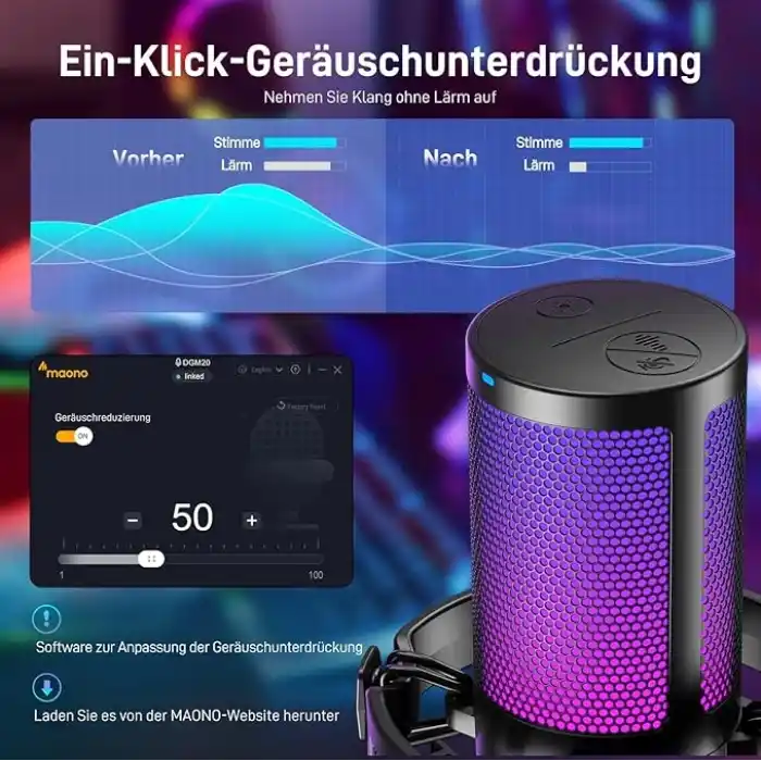 MAONO PC için USB Mikrofon, Sessiz Düğmeli RGB Oyun Mikrofonu, Gürültü Önleyici Kondenser Mikrofon, Akış, Podcast, Kayıt, Sohbet için Kazanç Topuzlu PS5/PS4/Mac, DGM20 ile Uyumlu