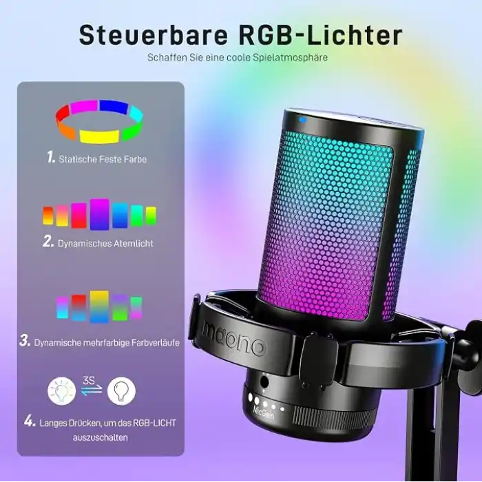 MAONO PC için USB Mikrofon, Sessiz Düğmeli RGB Oyun Mikrofonu, Gürültü Önleyici Kondenser Mikrofon, Akış, Podcast, Kayıt, Sohbet için Kazanç Topuzlu PS5/PS4/Mac, DGM20 ile Uyumlu