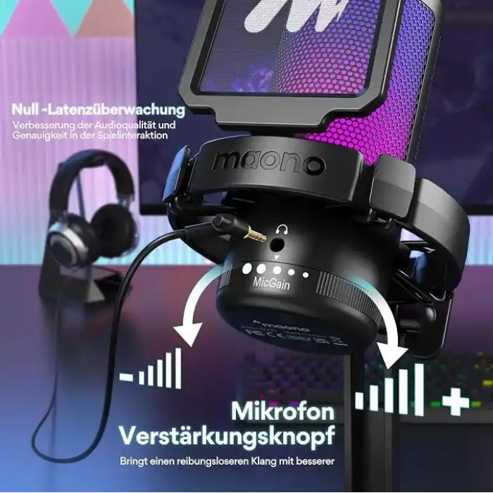 MAONO PC için USB Mikrofon, Sessiz Düğmeli RGB Oyun Mikrofonu, Gürültü Önleyici Kondenser Mikrofon, Akış, Podcast, Kayıt, Sohbet için Kazanç Topuzlu PS5/PS4/Mac, DGM20 ile Uyumlu