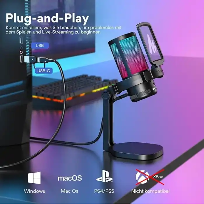 MAONO PC için USB Mikrofon, Sessiz Düğmeli RGB Oyun Mikrofonu, Gürültü Önleyici Kondenser Mikrofon, Akış, Podcast, Kayıt, Sohbet için Kazanç Topuzlu PS5/PS4/Mac, DGM20 ile Uyumlu